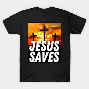 Jesus Saves - 3 Cross With Sunset - Christian T-Shirt